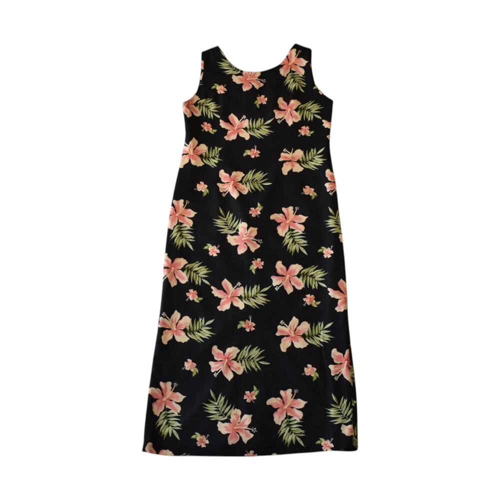 Vintage 100% Silk Hawaiian Black Floral Hibiscus Maxi Dress Size XL